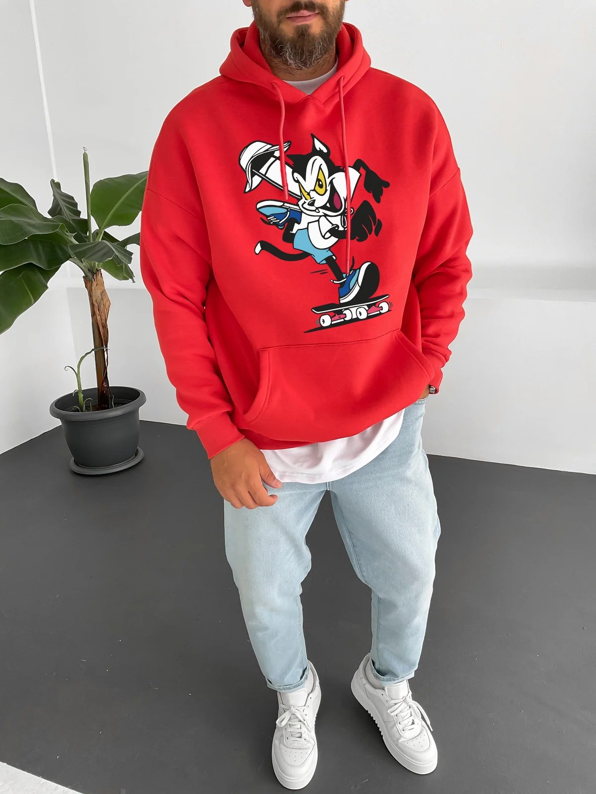 Red "Cat" Printed Oversize Hoodie