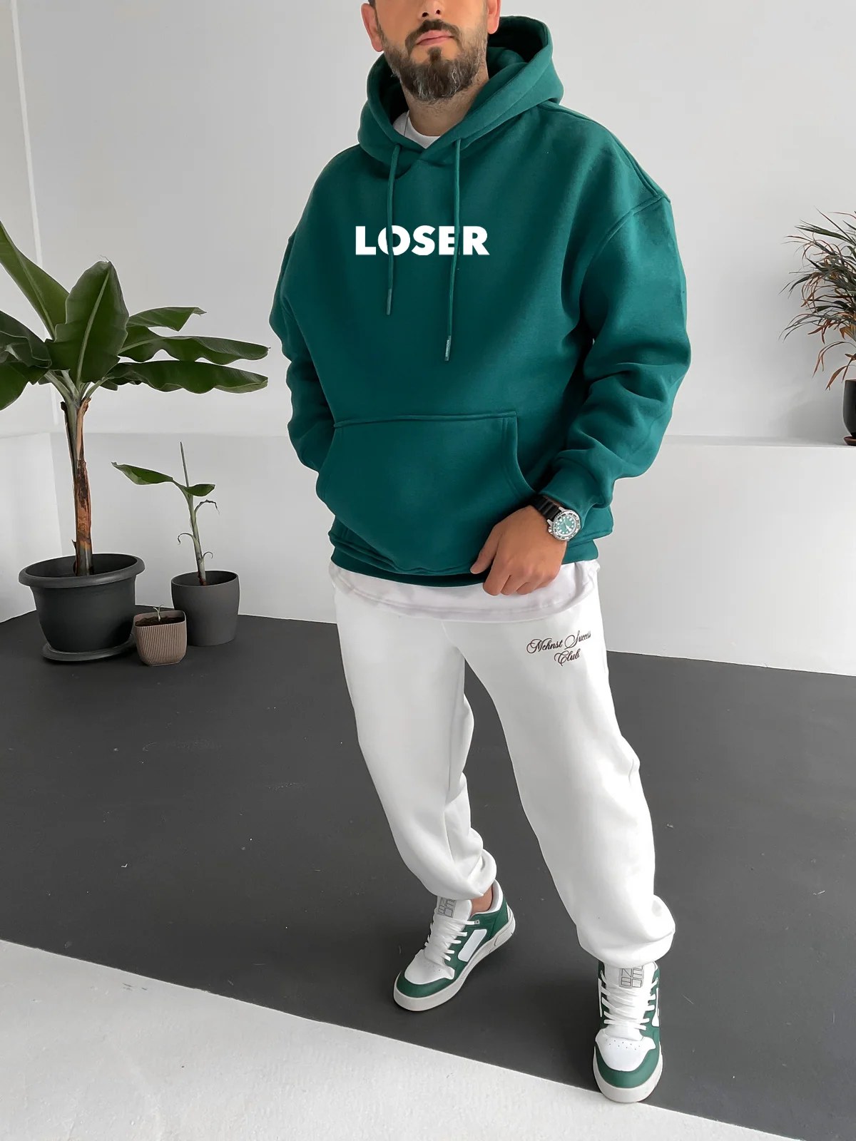 Dark Green "Loser" Printed Oversize Hoodie