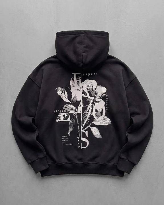 Black "Flower" Printed Oversize Hoodie