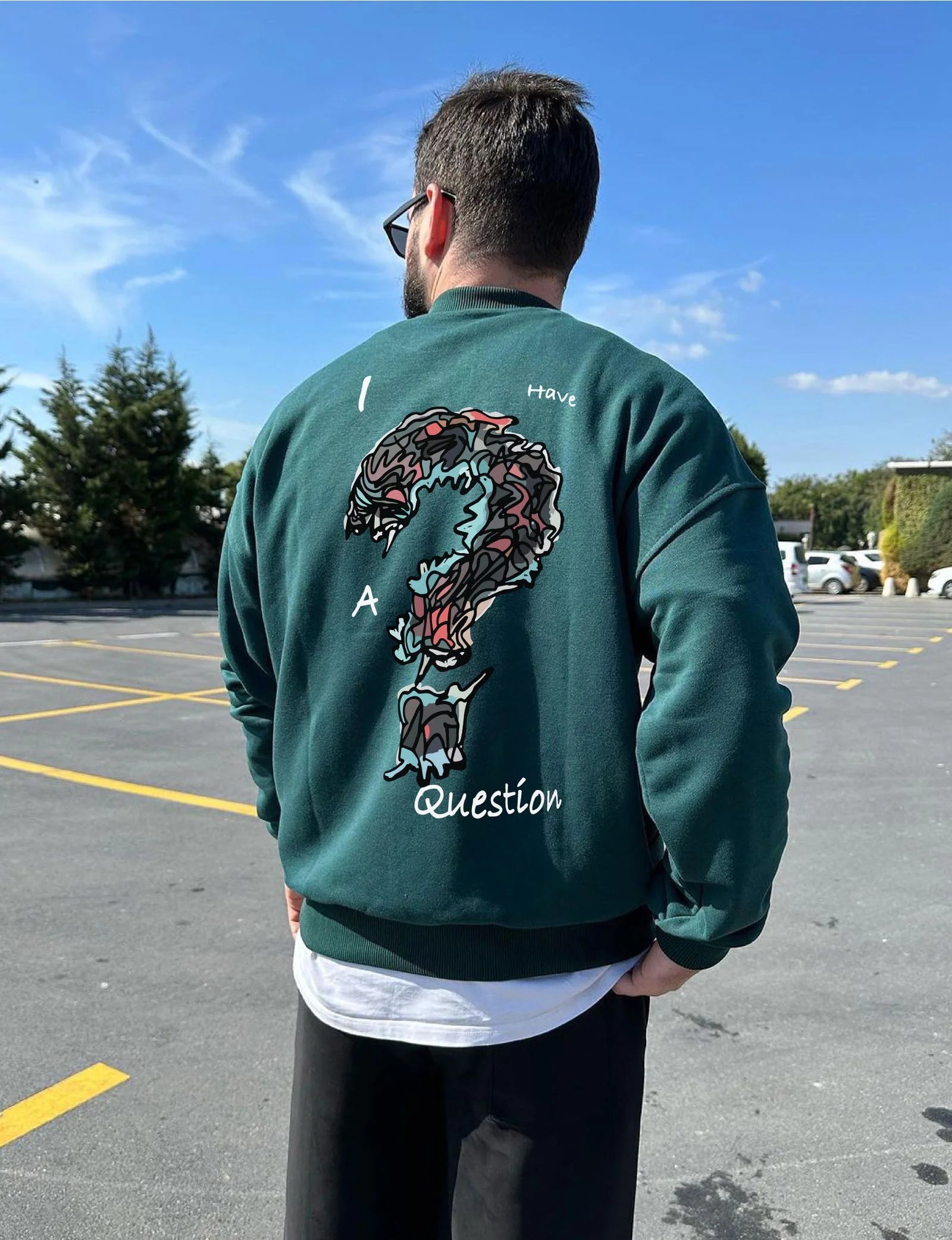 Dark Green "Question" Printed Oversize Sweatshirt
