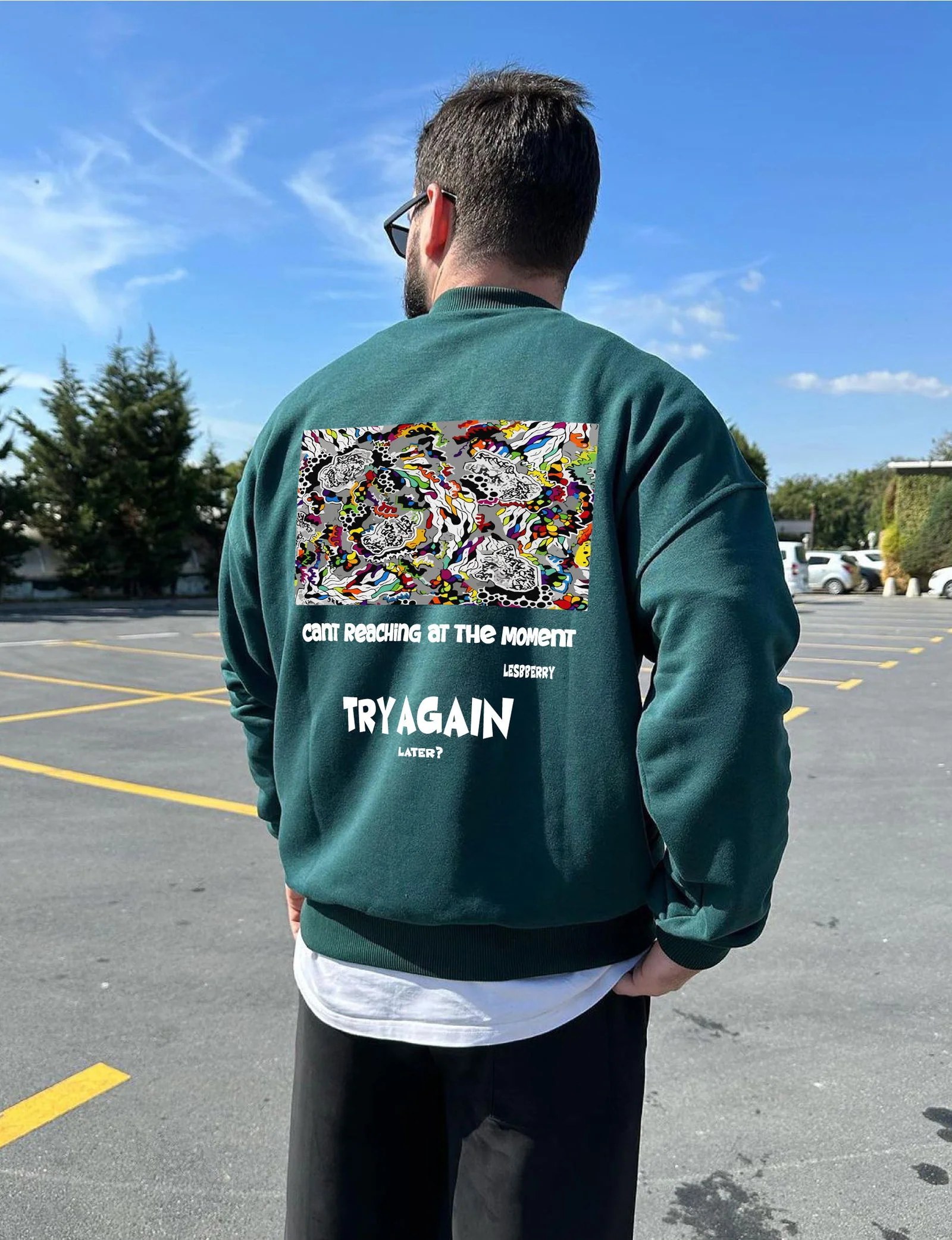 Dark Green "Try Again" Printed Oversize Sweatshirt