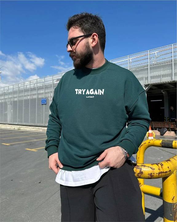 Dark Green "Try Again" Printed Oversize Sweatshirt