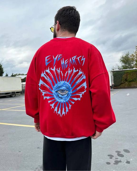 Red "Eye Hearts" Printed Oversize Sweatshirt