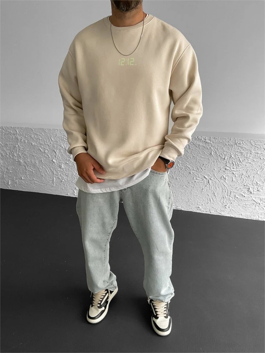 Beige "12:12" Printed Oversize Sweatshirt
