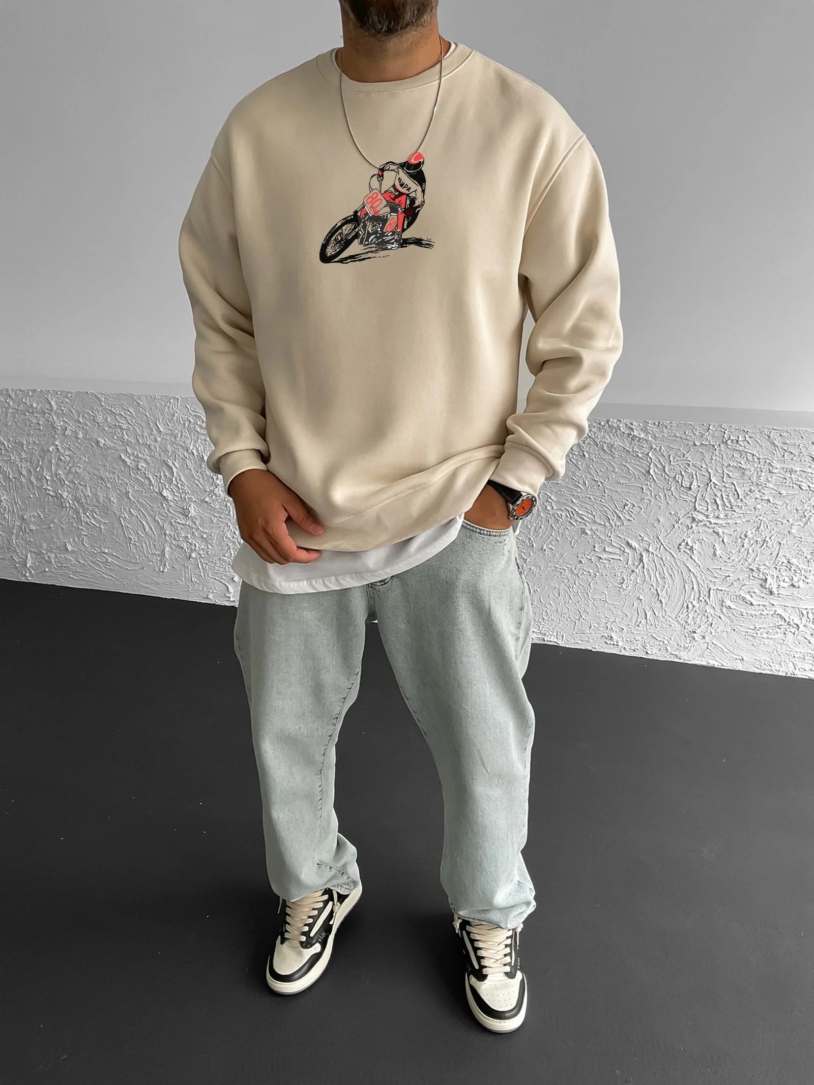 Beige "Racing" Printed Oversize Sweatshirt
