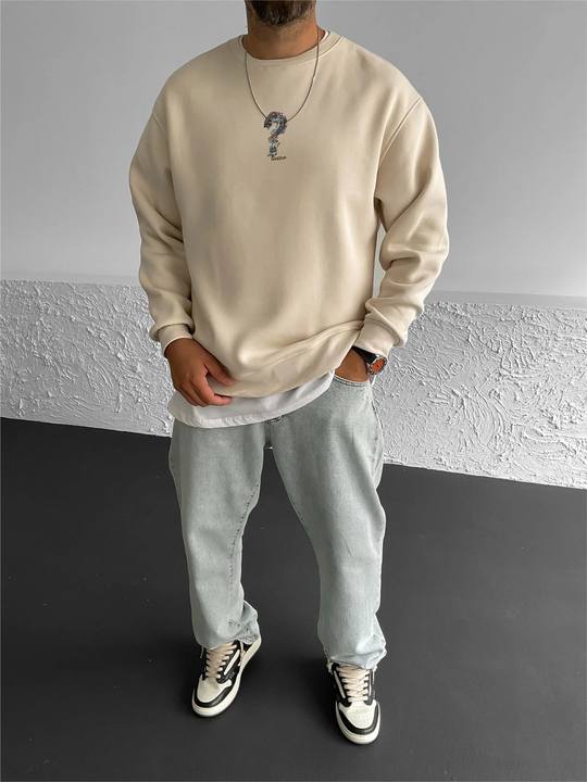 Beige "Question" Printed Oversize Sweatshirt