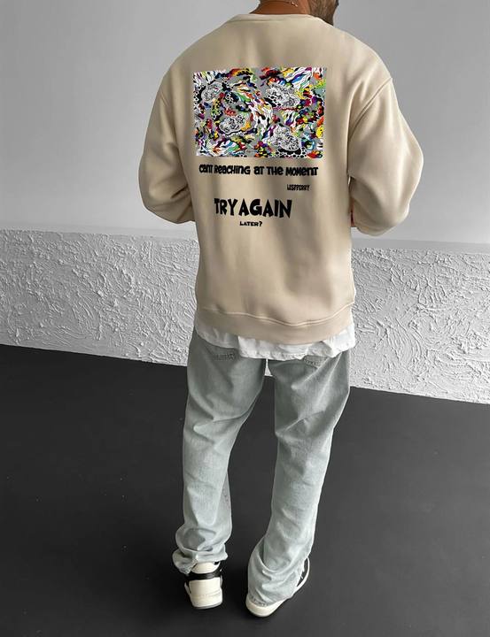 Beige "Try Again" Printed Oversize Sweatshirt