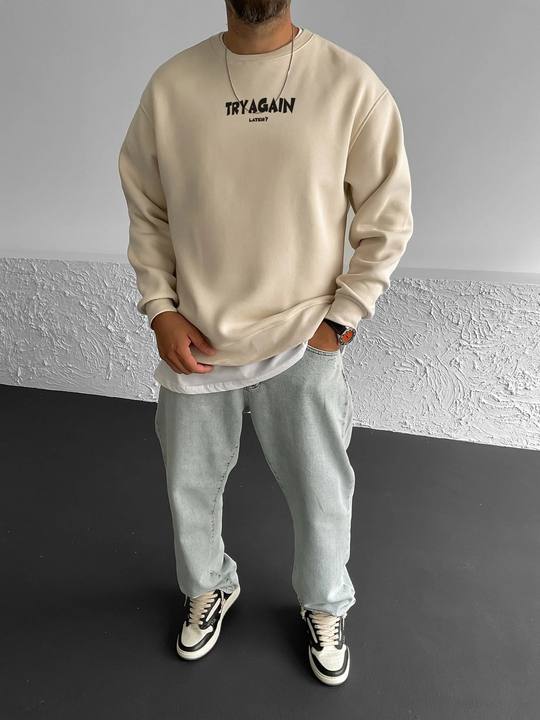 Beige "Try Again" Printed Oversize Sweatshirt