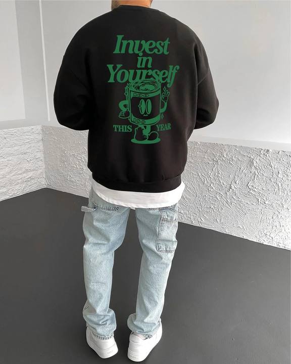 Black "Self-improvement" Printed Oversize Sweatshirt