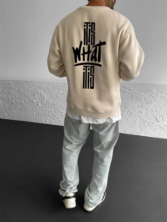 Beige "What" Printed Oversize Sweatshirt