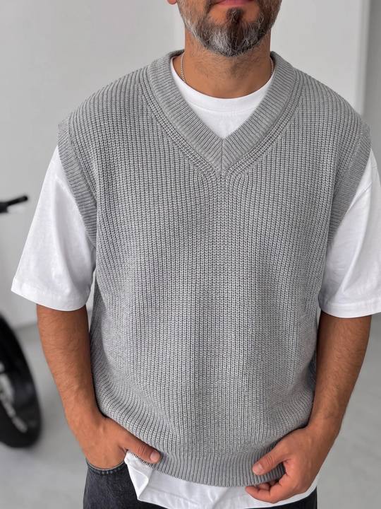 Grey Sleeveless Knit Vest - V-Neck