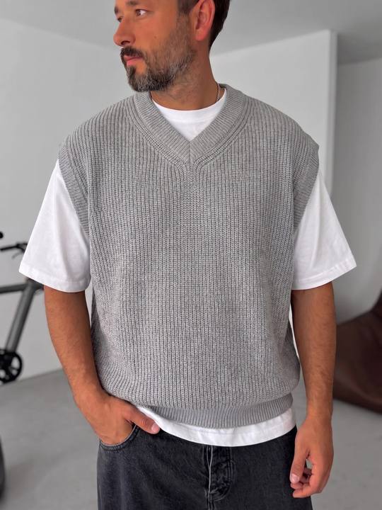 Grey Sleeveless Knit Vest - V-Neck