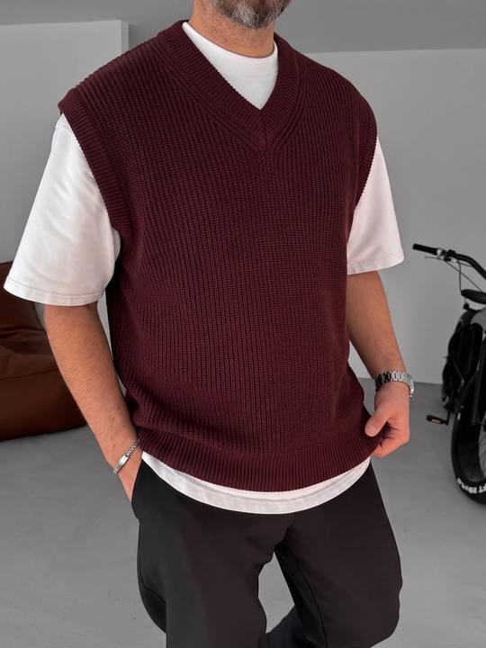Burgundy Sleeveless Knit Vest - V-Neck