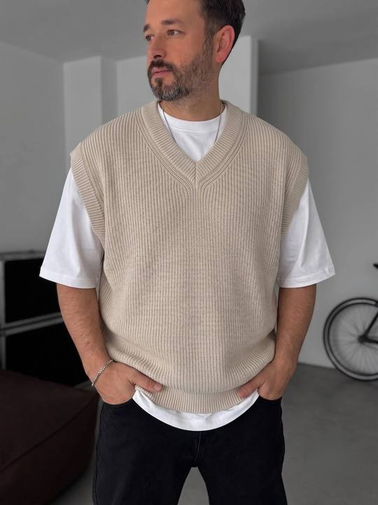 Beige Sleeveless Knit Vest - V-Neck