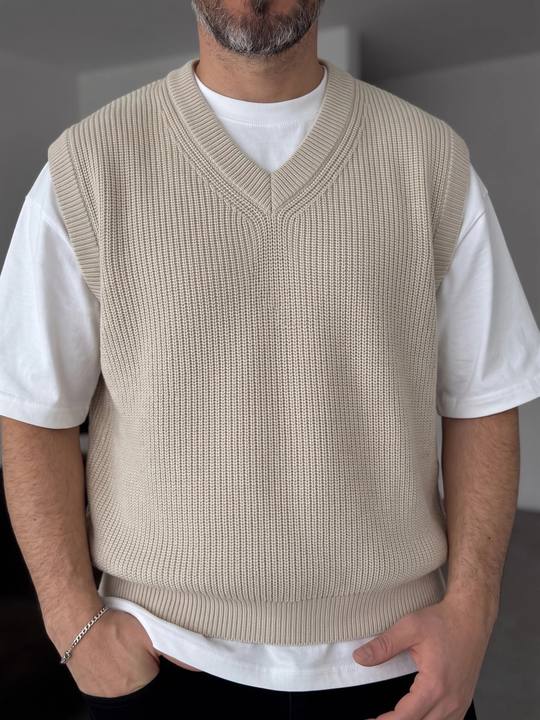 Beige Sleeveless Knit Vest - V-Neck