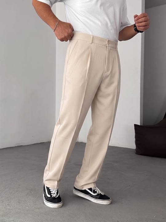 Wide Leg Chino Trousers - Beige