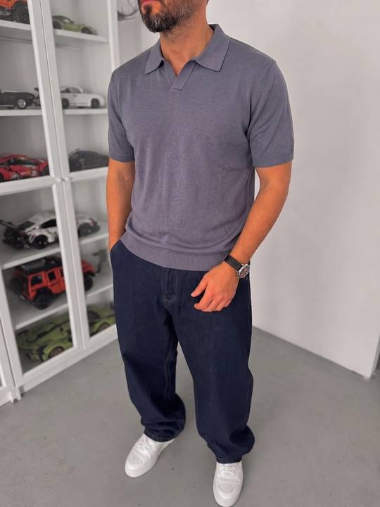 Knitted Polo T-Shirt - Dark Grey