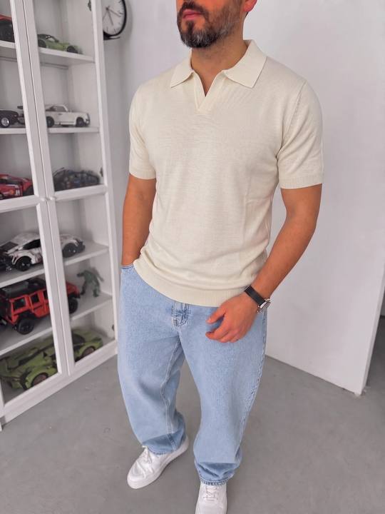 Knitted Polo T-Shirt - Beige