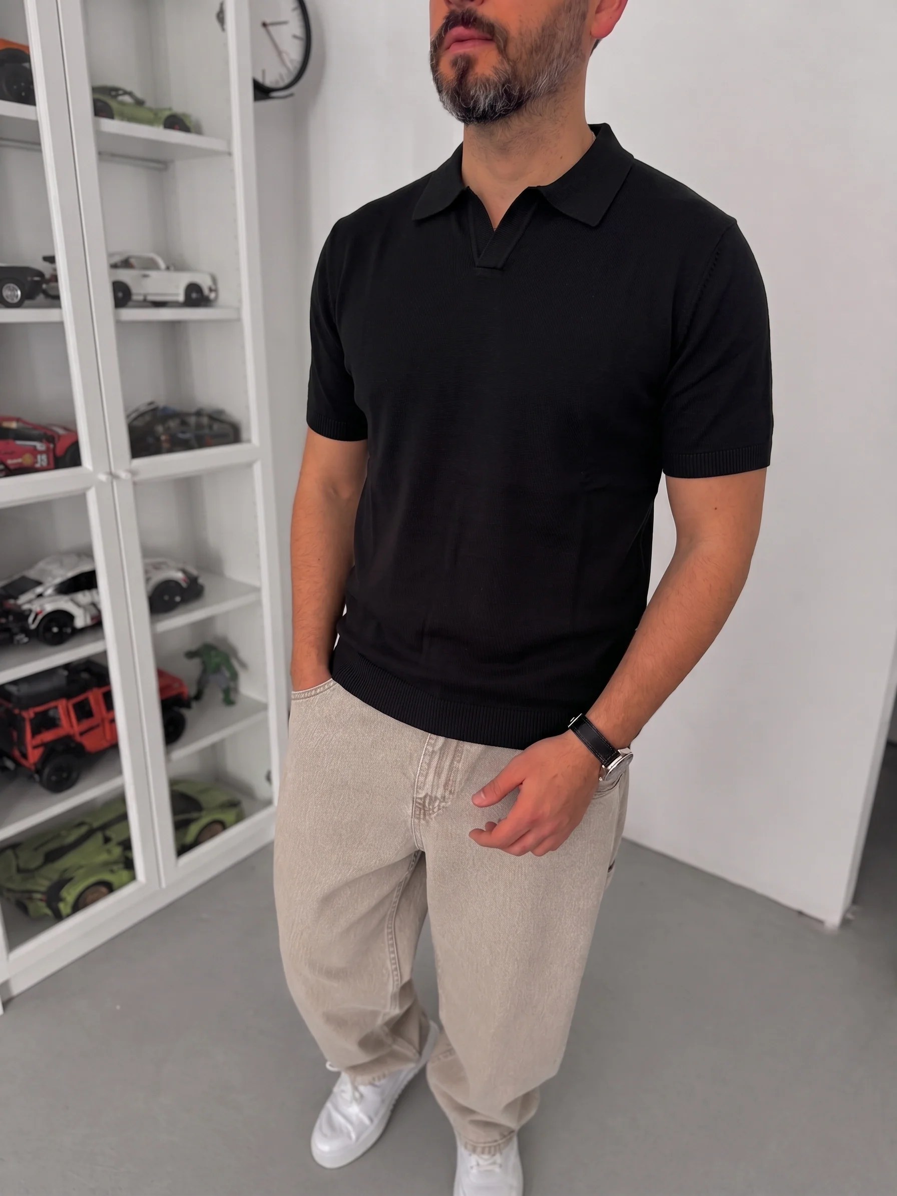 Knitted Polo T-Shirt – Black