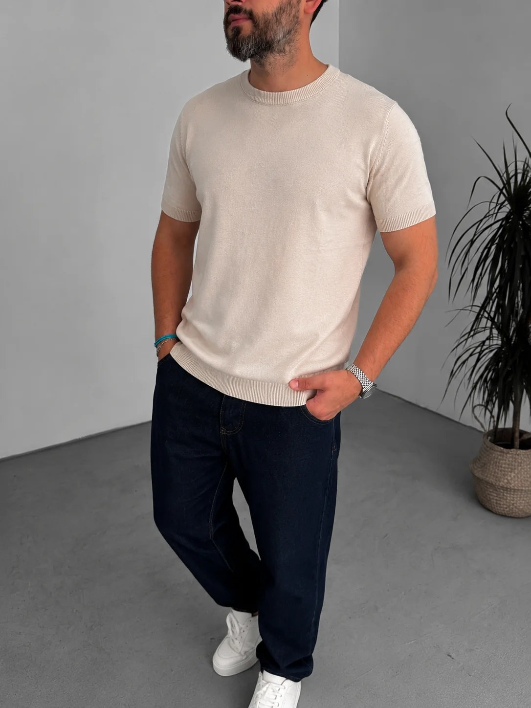 Beige Crewneck Knitted Tee