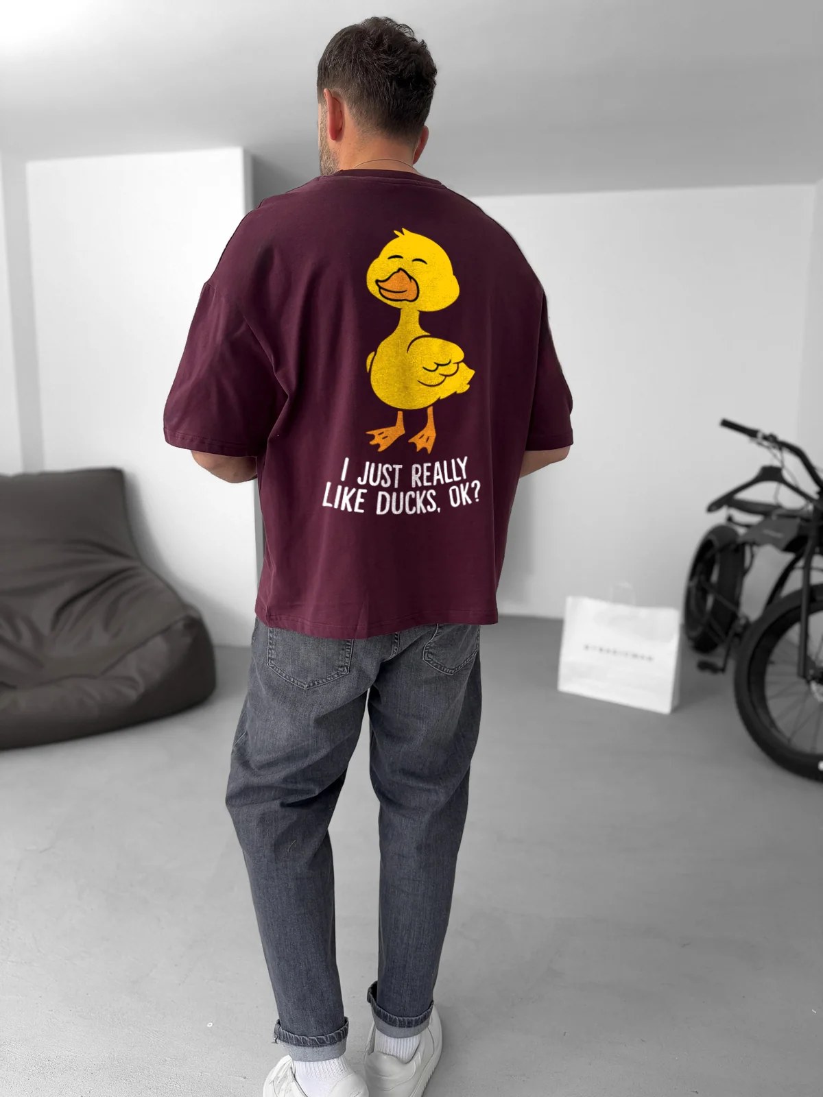 Burgundy "Duck Lover" printed Oversize T-Shirt