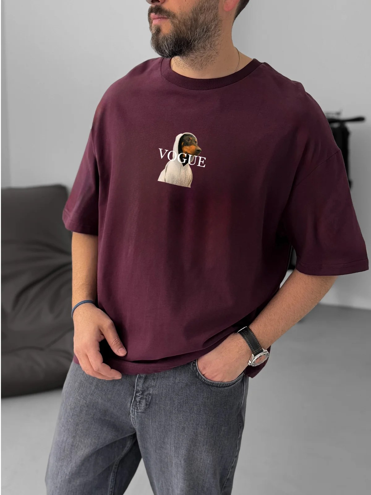 Burgundy "Vogue" printed Oversize T-Shirt