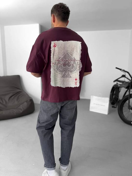 Burgundy "R of spades" printed Oversize T-Shirt