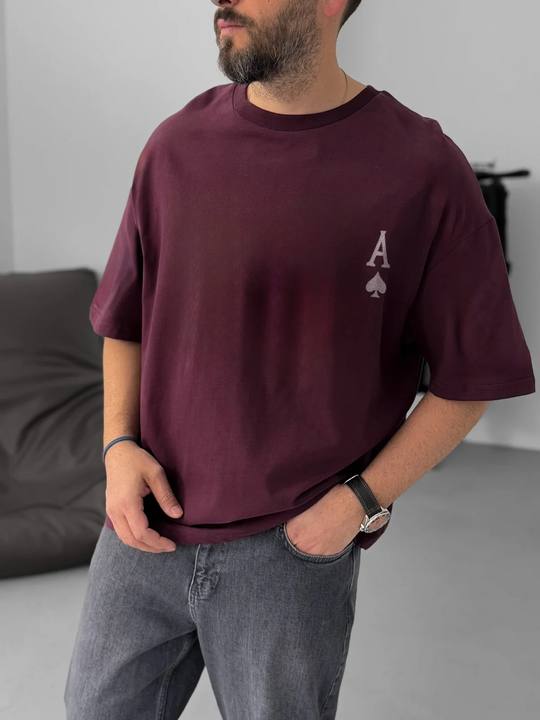 Premium Burgundy "Ace" Printed Oversize T-Shirt