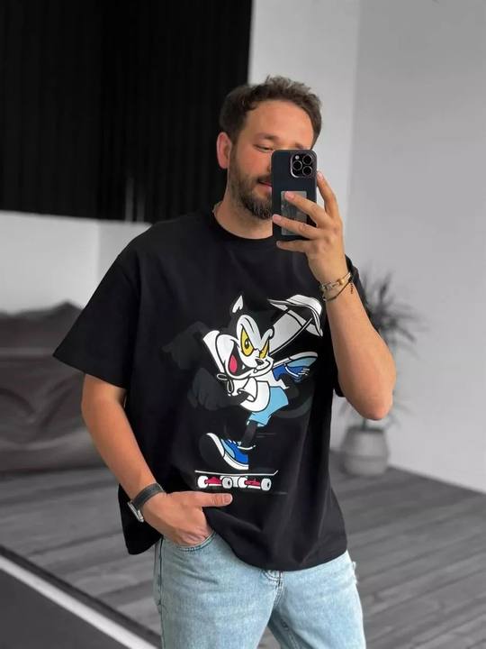 Black "Cat" Printed Oversize T-Shirt