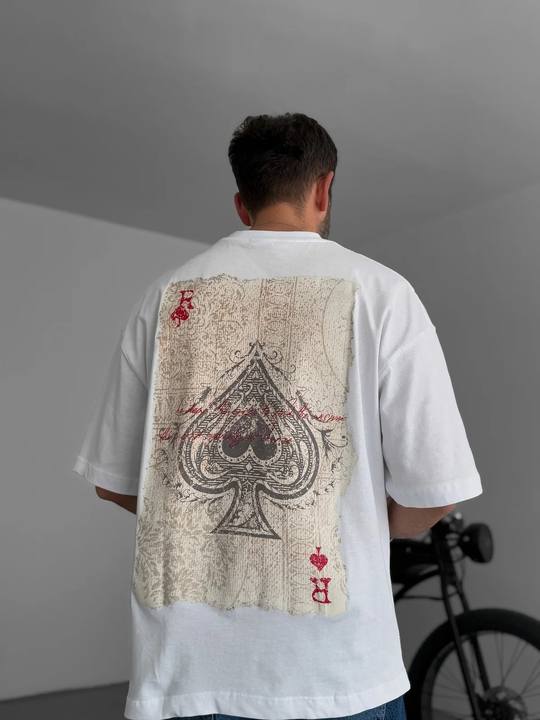 White "R of spades" printed Oversize T-Shirt