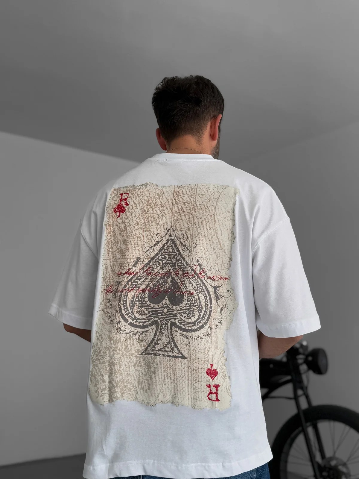 White "R of spades" printed Oversize T-Shirt