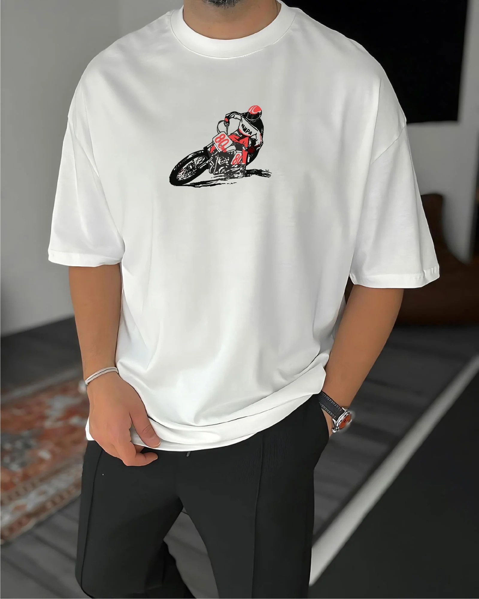 White "Racing" Printed Oversize T-Shirt