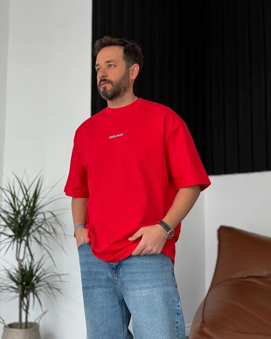 Red "Adults Swim" Printed Oversize T-Shirt