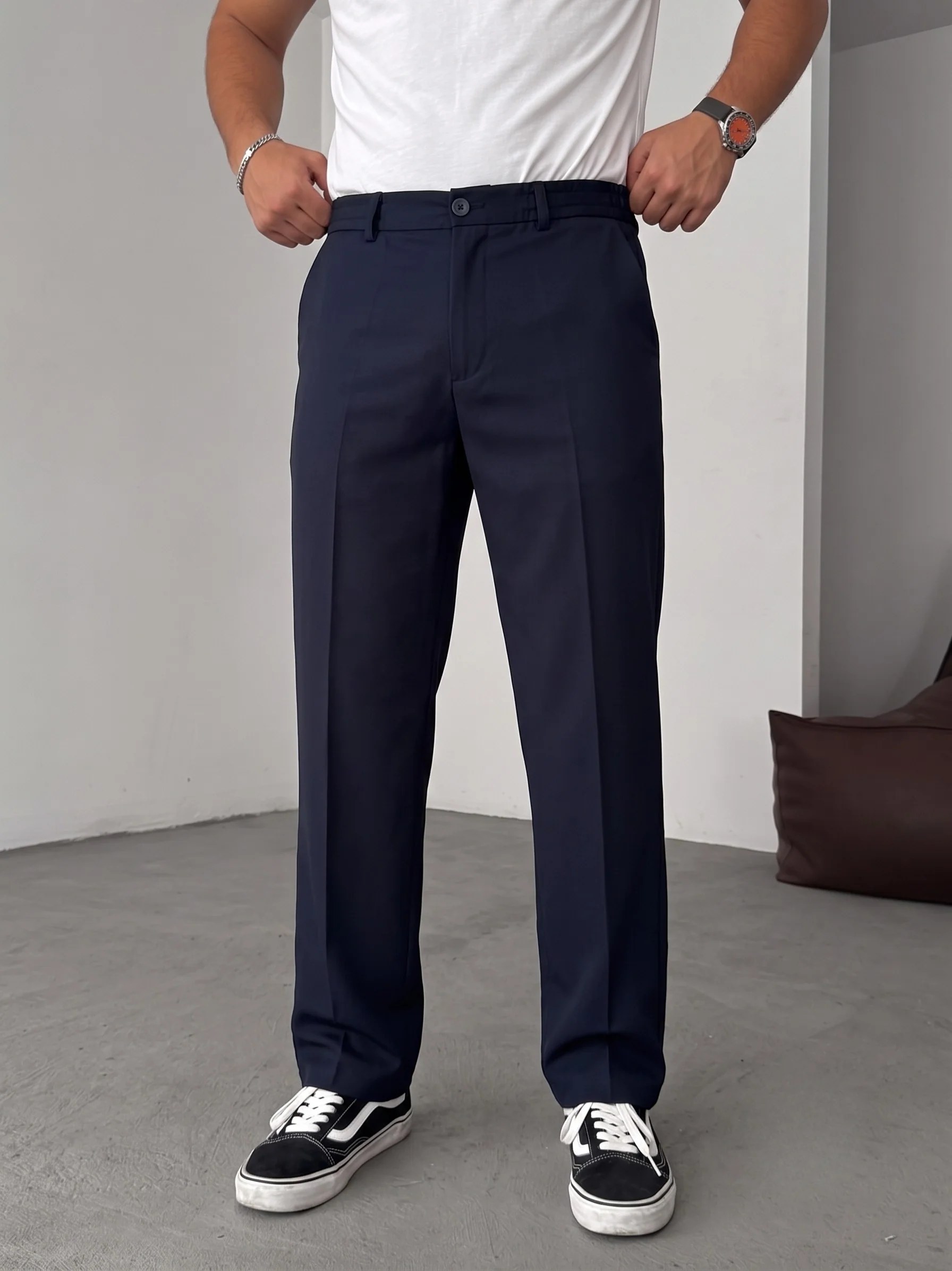Wide Leg Chino Trousers - Navy Blue