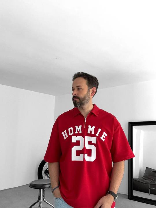 Red 25 Printed Half Zipper T-Shirt