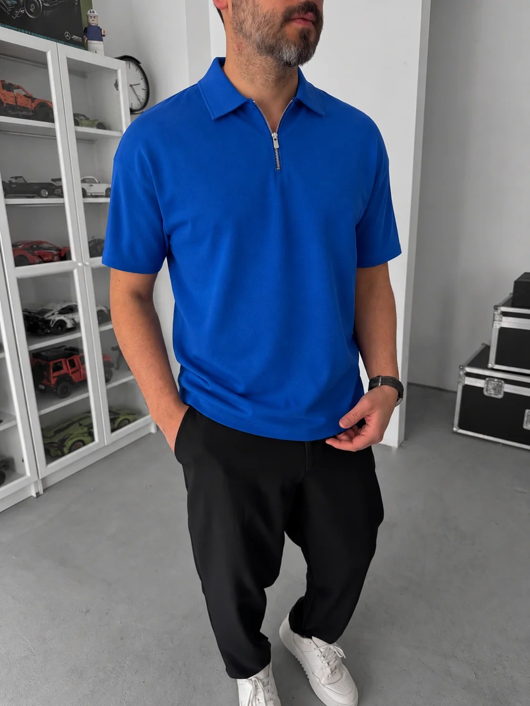 Blue Basic Half Zipper T-Shirt