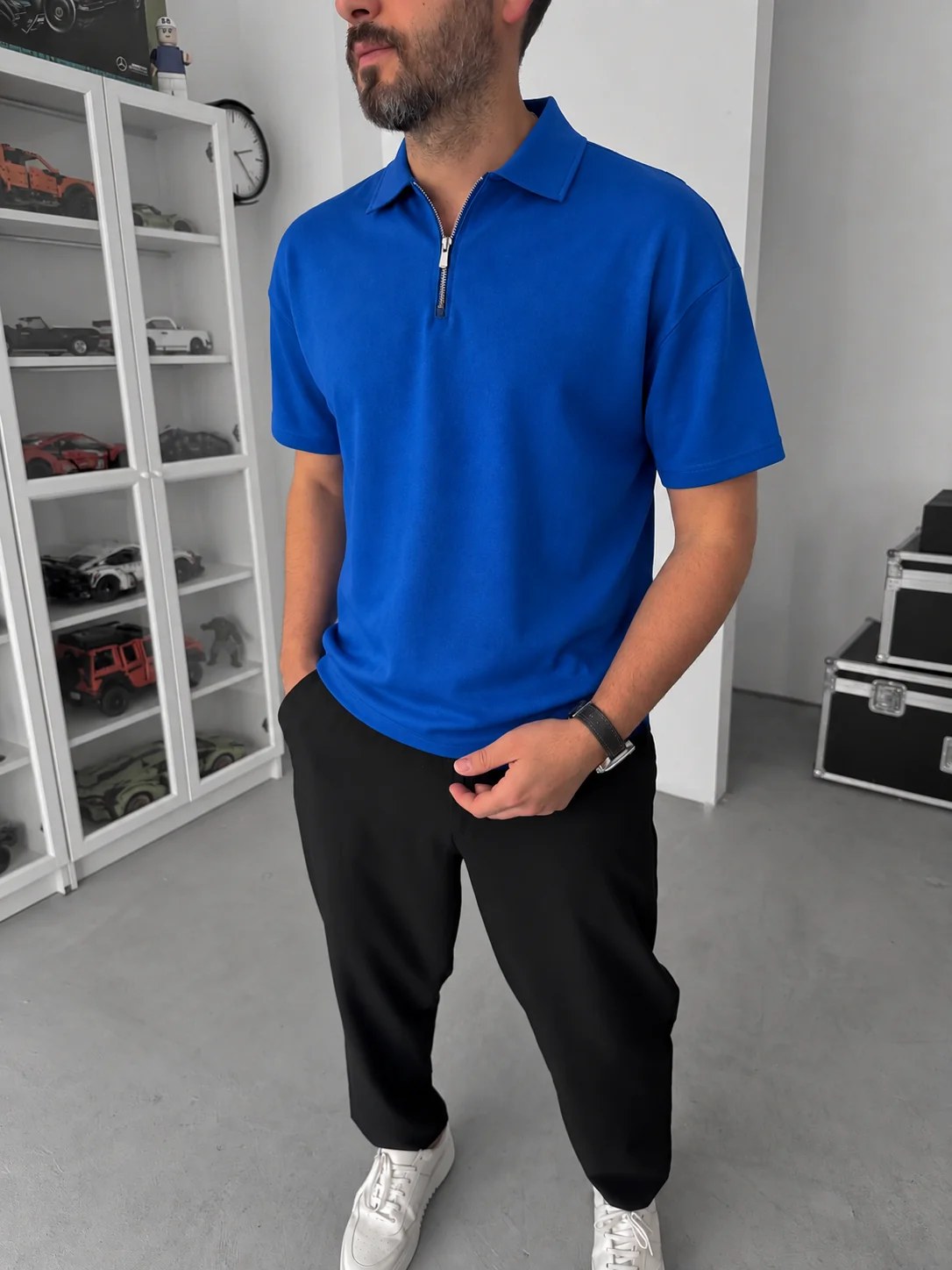 Blue Basic Half Zipper T-Shirt