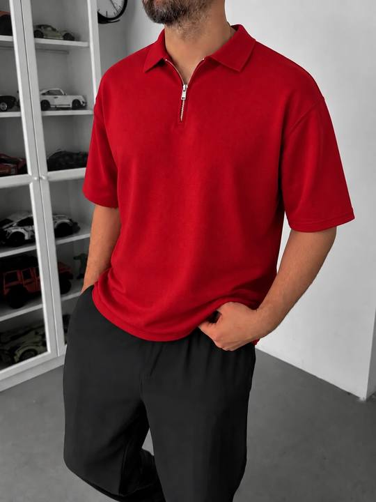 Red Basic Half Zipper T-Shirt
