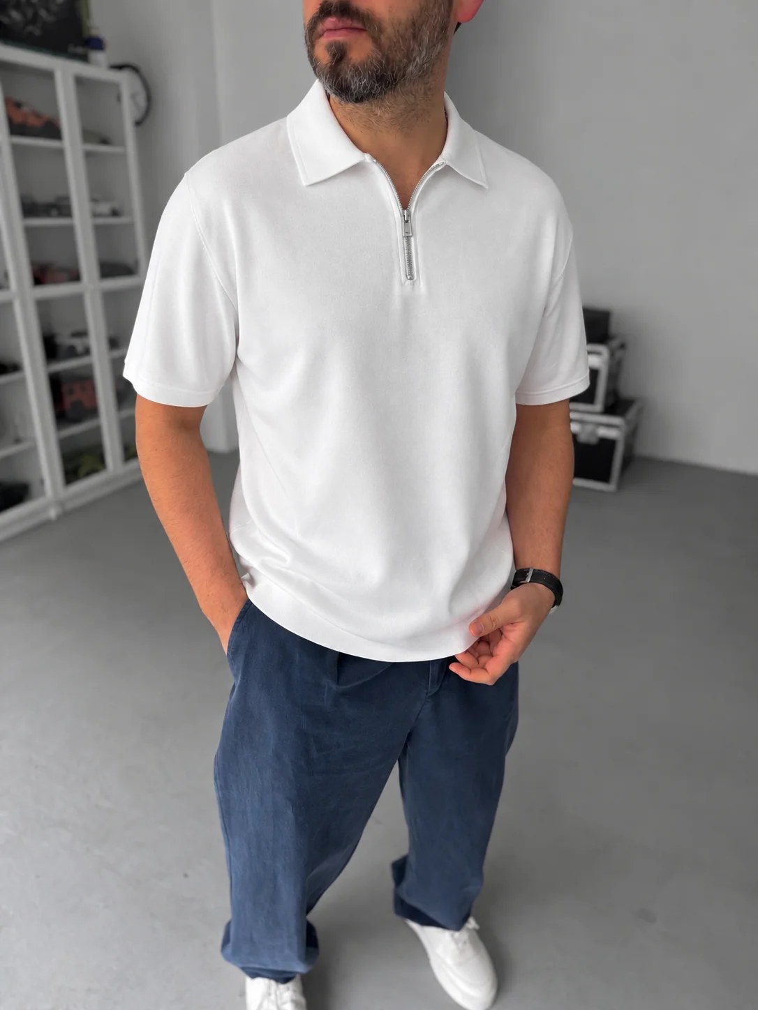 White Basic Half Zipper T-Shirt