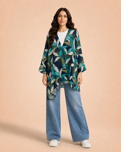 Asymmetric Leaf Print Linen Kimono