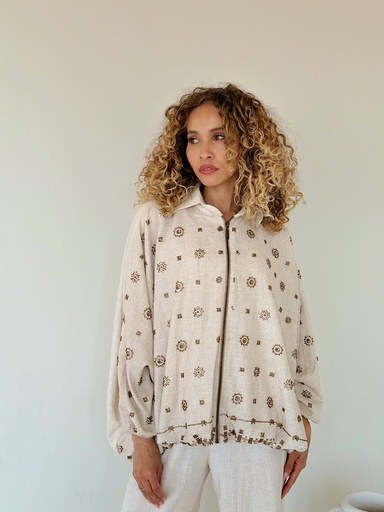 Embroidered Zip-Up Linen Suit