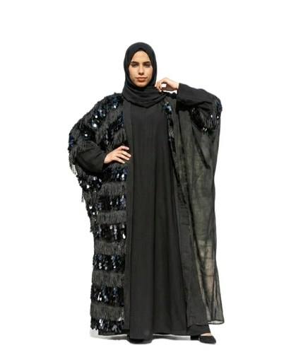Asymmetrical Sequin Fringe Abaya