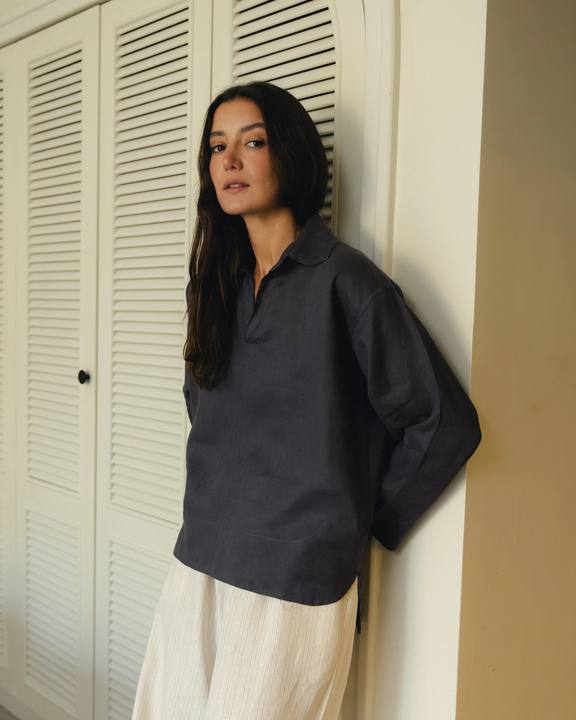 100% Pure Linen Charcoal Grey Blouse