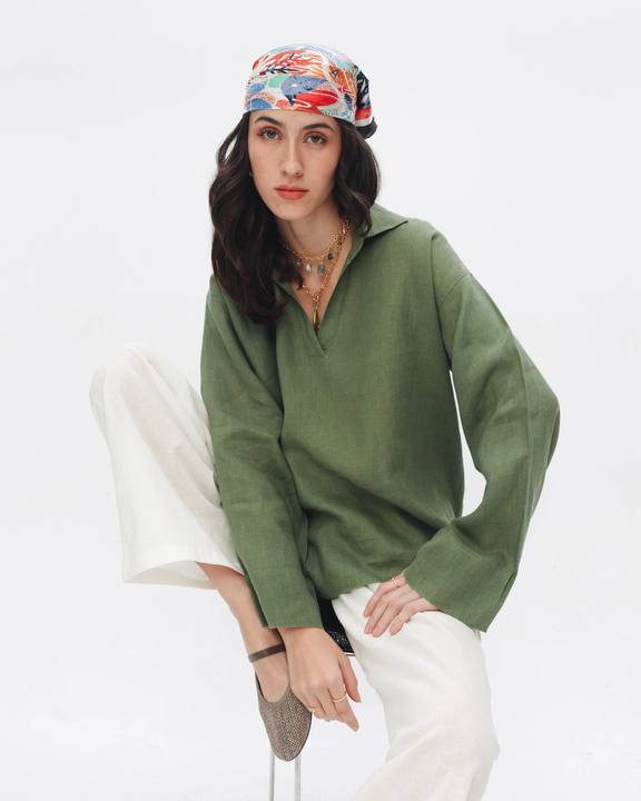 100% Pure Linen Olive Blouse