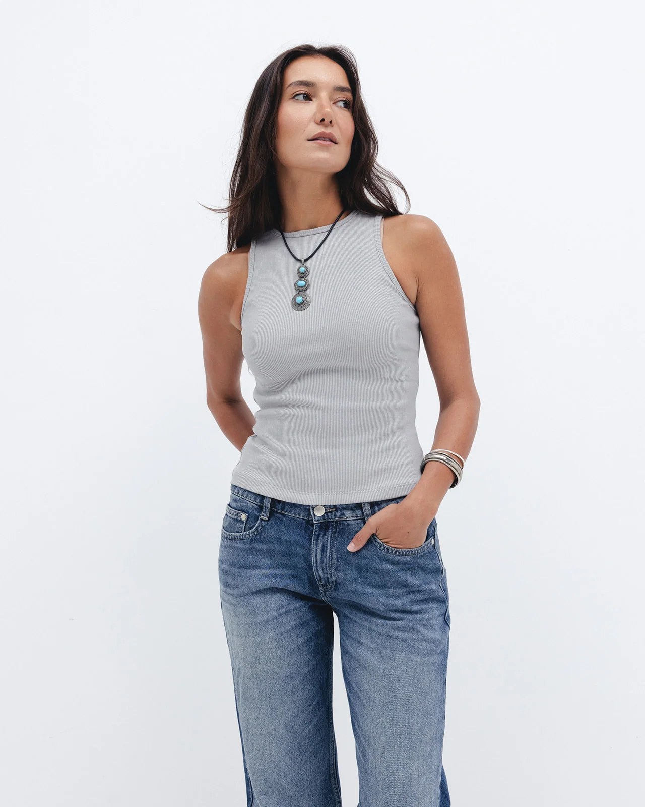 Grey Ribbed Crewneck Top