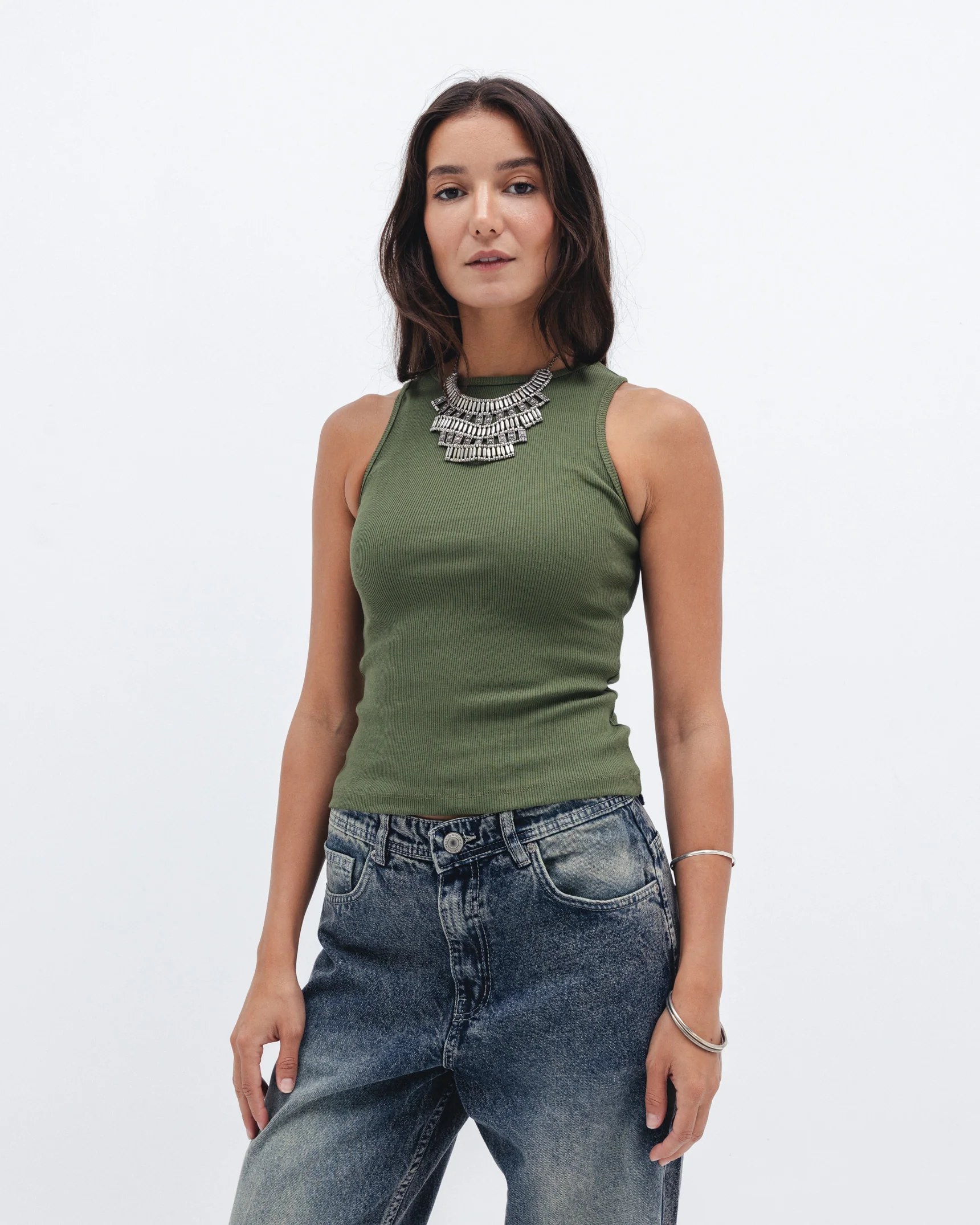Olive Ribbed Crewneck Top