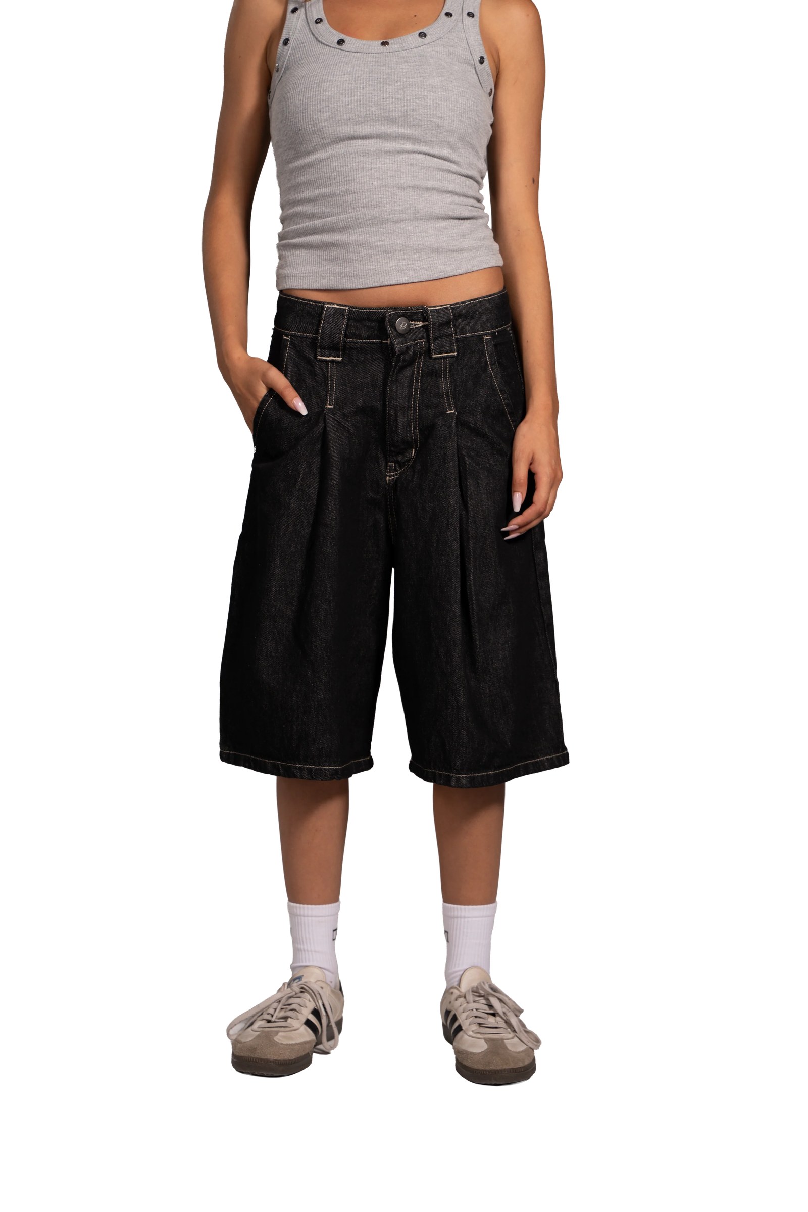 Fold Line Jorts in Raw Black