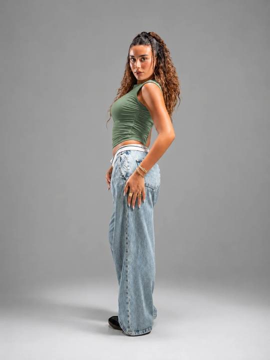Scrunch side sage green top