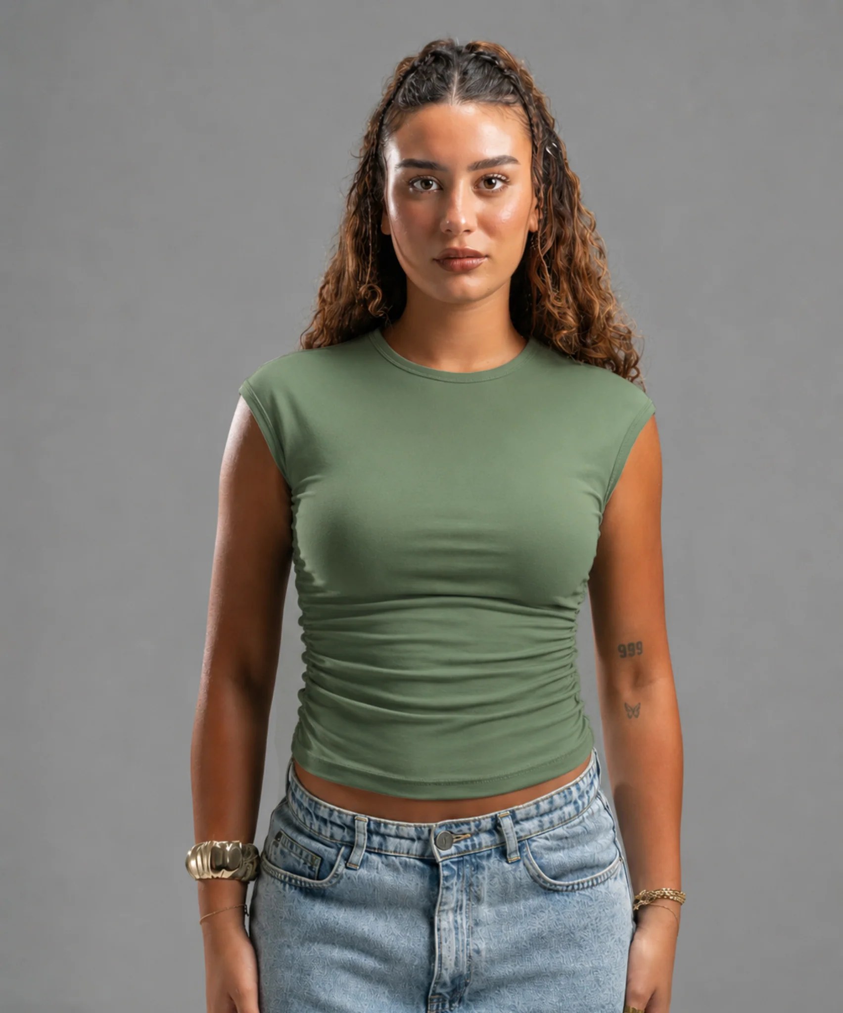 Scrunch side sage green top