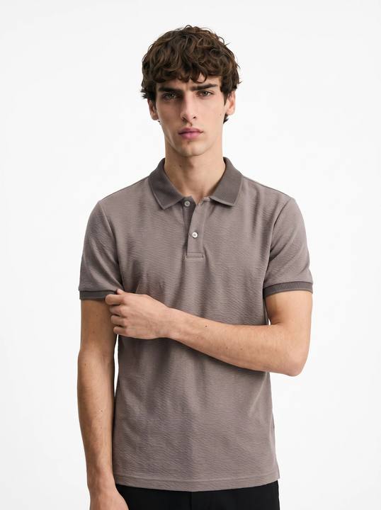 GREY TONAL CRINKLE TEXTURE SLIM-FIT POLO SHIRT S27